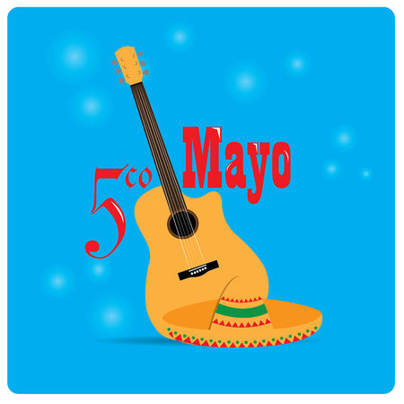 Blue background with text, a guitar and a traditional hatのイラスト素材