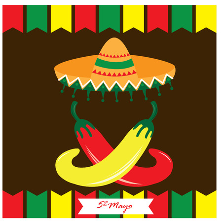 Colored background with a traditional hat, a pair of peppers and ornamentsのイラスト素材