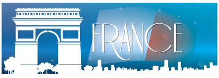 Colored background with text, the french flag and a silhouette of the arc of triumphのイラスト素材