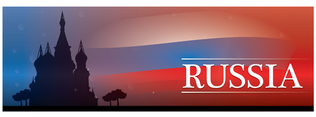 Colored banner with text, the russian flag and a silhouette of the red squareのイラスト素材