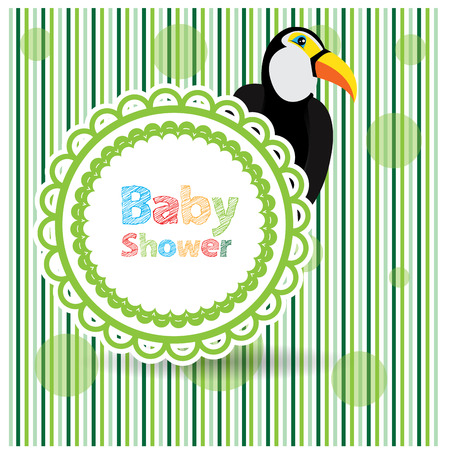 Isolated sticker with text and a toucan on a striped backgroundのイラスト素材
