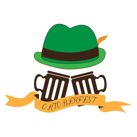 Isolated traditional oktoberfest hat with a pair of mugs, Vector illustrationのイラスト素材
