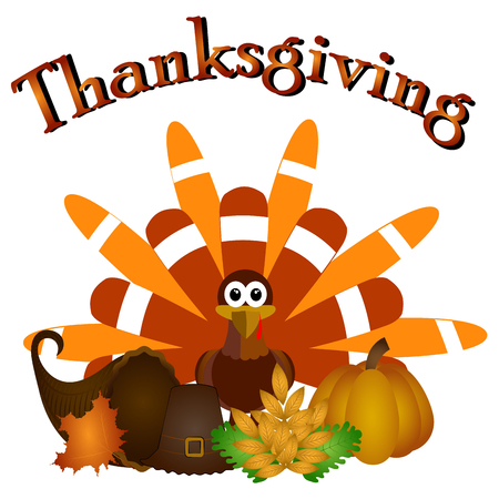 Turkey with traditional thanksgiving objects, Vector illustrationのイラスト素材