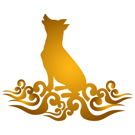 Golden silhouette of a dog on clouds. Chinese new year. Vector illustration designのイラスト素材