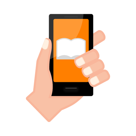 Hand holding a smartphone with a notebook icon. Vector illustration designのイラスト素材