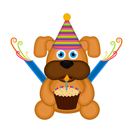 Cute dog with a party hat and a cake. Happy birthday. Vector illustration designのイラスト素材