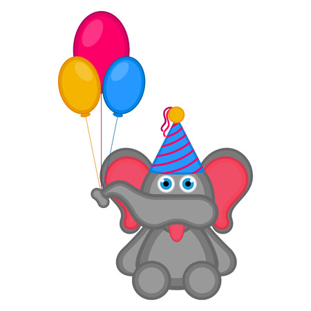 Cute elephant with a party hat and balloons. Happy birthday. Vector illustration designのイラスト素材