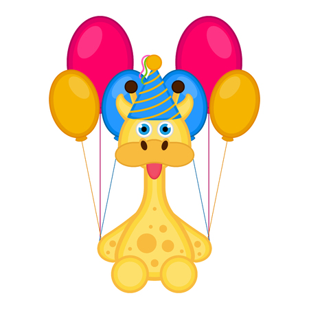 Cute giraffe with a party hat and balloons. Happy birthday. Vector illustration designのイラスト素材