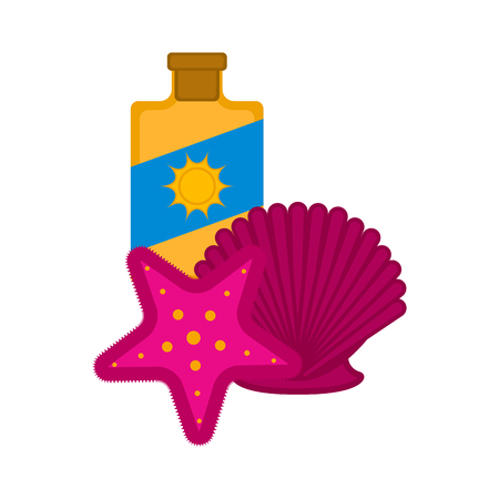 Sunscreen bottle with a seashell and a sea star. Vector illustration designのイラスト素材