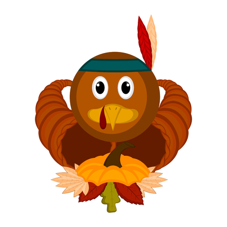 Turkey bird with cornucopias and leaves. Thanksgiving concept image. Vector illustration designのイラスト素材