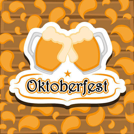 Pair of beer mugs on a wooden background. Oktoberfest. Vector illustration designのイラスト素材