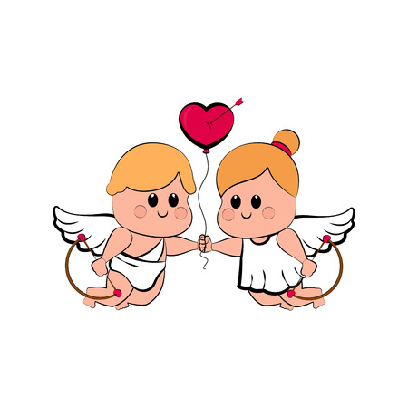 Cupid couple with a heart shape balloon. Valentine day. Vector illustration designの写真素材