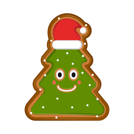Happy christmas tree gingerbread with christmas hat. Vector illustration designのイラスト素材