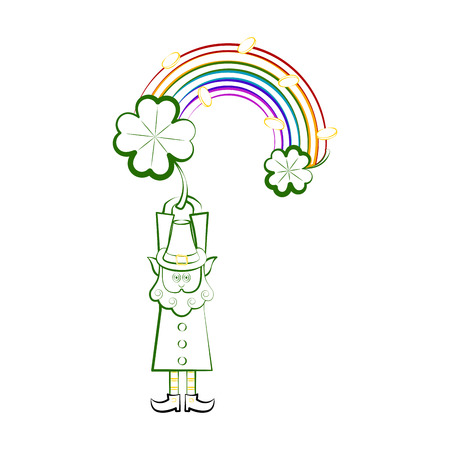 Sketch of a irish elf with a rainbow and clovers. Vector illustration designのイラスト素材