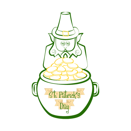 Sketch of a irish elf in a golden coins pot. Saint patrick day. Vector illustration designのイラスト素材