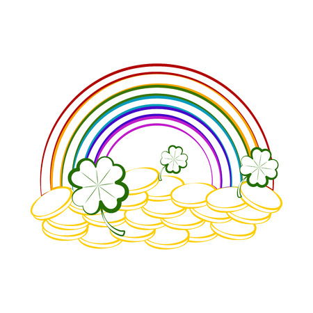 Sketch of a rainbow with golden coins and clovers. Vector illustration designのイラスト素材