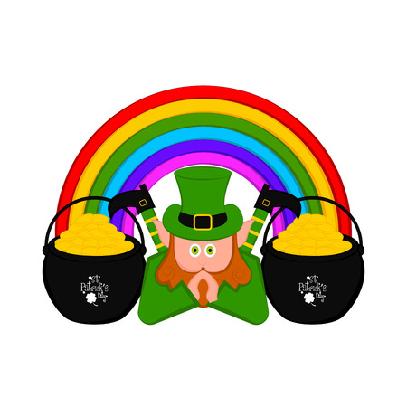 Irish elf with gold coins pots and a rainbow. Vector illustration designのイラスト素材