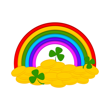 Rainbow with golden coins and clovers. Saint patrick day. Vector illustration designのイラスト素材