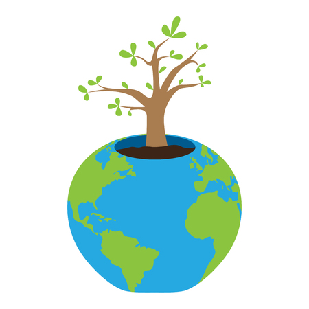 Plant on a flower pot with an Earth map. Earth day. Vector illustration designのイラスト素材