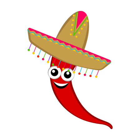 Isolated happy cute red pepper with a traditional mexican hat. Vector illustration designのイラスト素材
