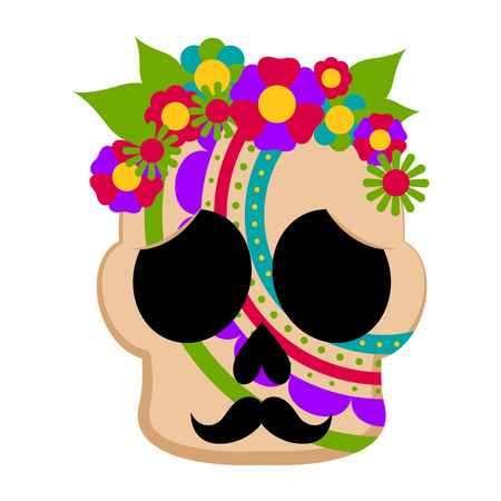 Mexican colored floral skull with moustache. Vector illustration designのイラスト素材