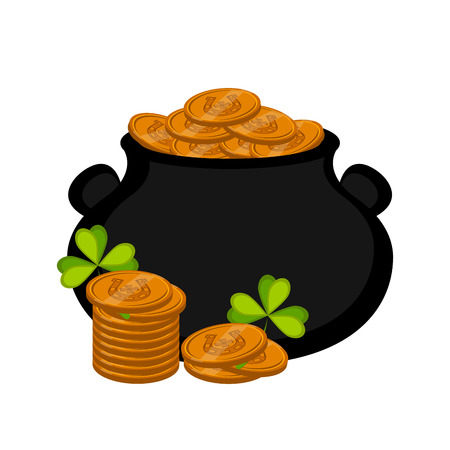 Golden coins in a pot with clovers. Patrick day. Vector illustration designのイラスト素材