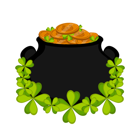 Golden coins in a pot with clovers. Patrick day. Vector illustration designのイラスト素材