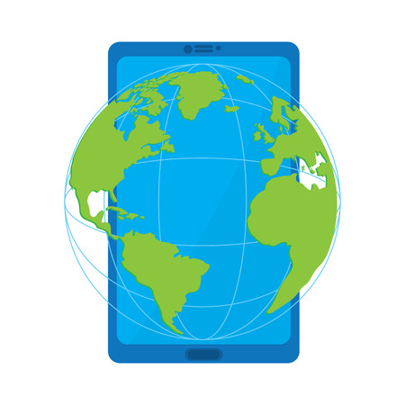 Smartphone with an earth planet icon. Mobie app. Vector illustration designのイラスト素材
