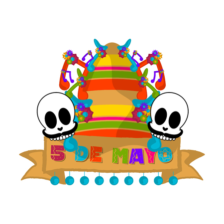 Cinco de mayo banner with a mexican hat and skulls - Vectorのイラスト素材