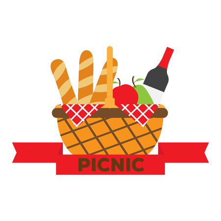 Picnic basket wit a wine bottle, fruits and breadのイラスト素材