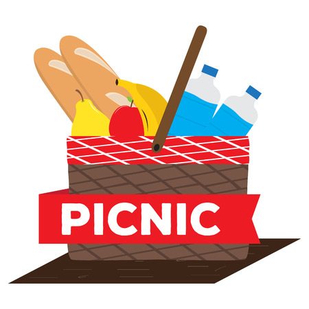 Picnic basket with water bottle, bread and fruitsのイラスト素材