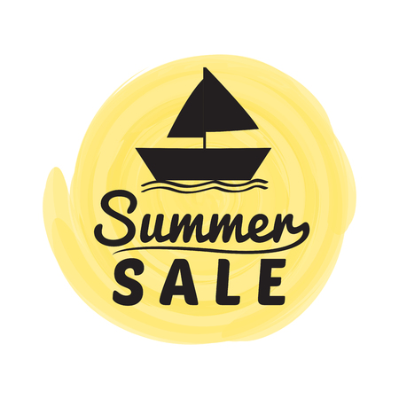 Sun with text and a silhouette of a boat. Summer sale label - Vectorのイラスト素材