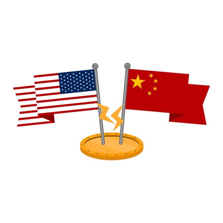 Waving flags of China an United states with a golden coin. Trade war concept - Vectorのイラスト素材