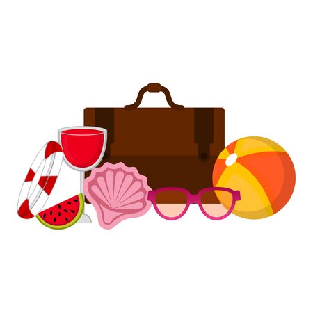 Set of summer objects. Beach ball, shell, travel bag, sunglasses and life belt - Vectorのイラスト素材