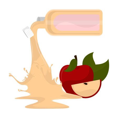 Bottle spilling apple juice and a fruitのイラスト素材