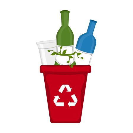 Recycling bin with glass bottle and paper cup. Recycling concept - Vectorのイラスト素材