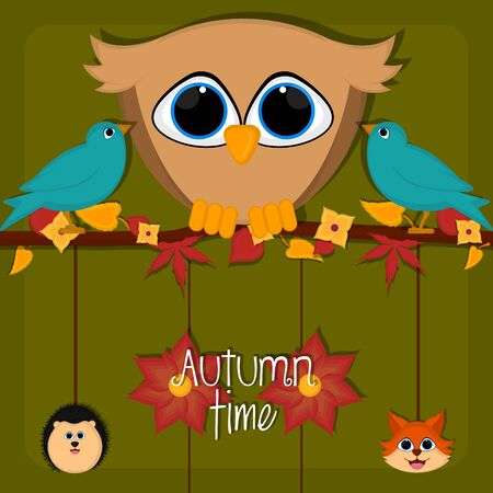 Autumn time card with a cute owl, birds, porcupine and fox - Vectorのイラスト素材