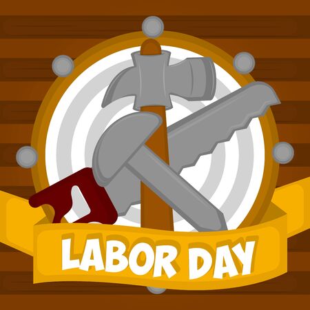 Labor day poster with a hammer, saw and construction bolt - Vectorのイラスト素材