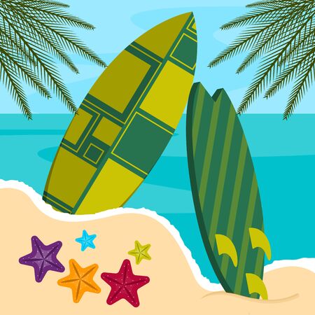 Surfboard on a sea landscape. Vactions time - Vector illustrationのイラスト素材