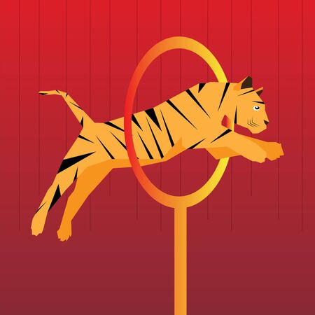 Tiger on a fire ring. Circus concept - Vector illustrationのイラスト素材