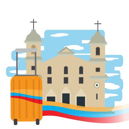 Travel to Colombia. Traditional Cathedral with a travel bag - Vector illustrationのイラスト素材