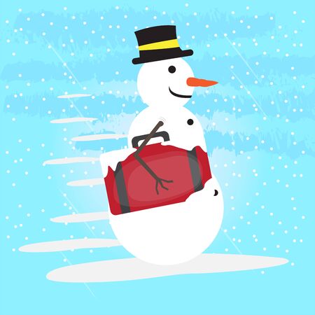 Winter vacation poster with a snowman and travel bags - Vectorのイラスト素材