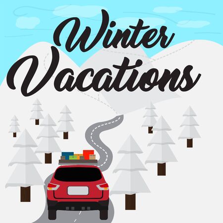 Winter vacation poster witn a car in a road - Vectorのイラスト素材