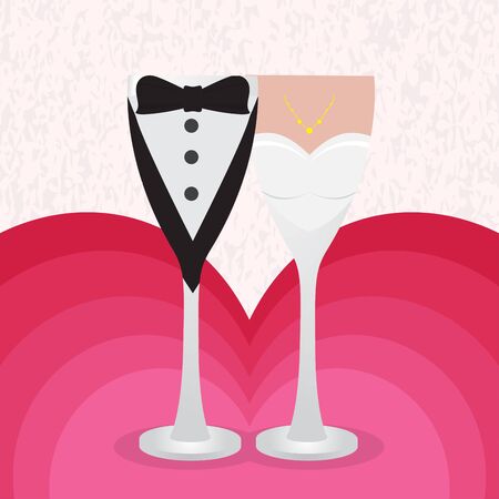 Decorated champagne glasses. Wedding couples dresses - Vectorのイラスト素材