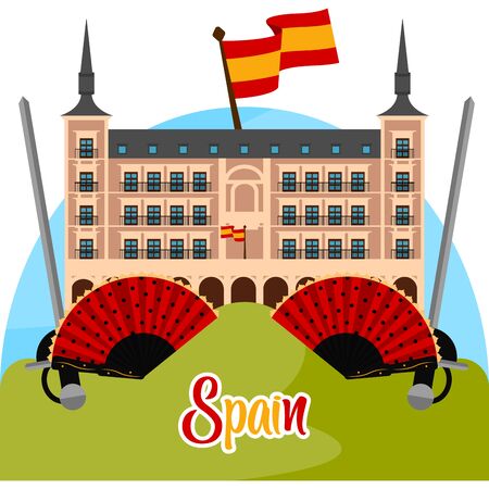 Travel to Spain poster with a traditional building and hand fans - Vectorのイラスト素材