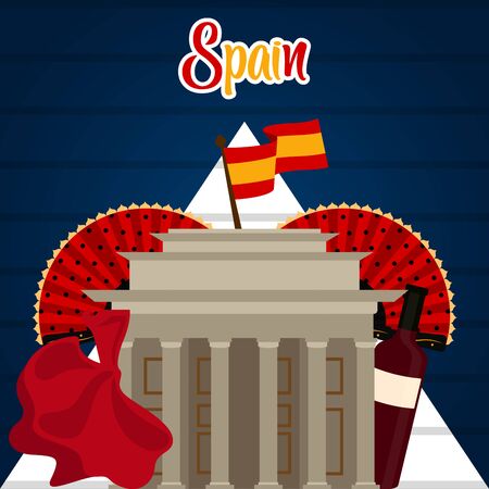 Travel to Spain poster with a traditional building and hand fans - Vectorのイラスト素材