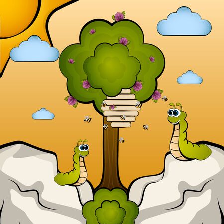 Beautiful spring landscape cartoon. Spring season - Vector illustrationのイラスト素材