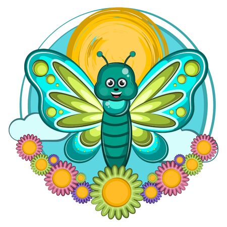 Cartoon of a cute happy butterfly with flowers - Vectorのイラスト素材