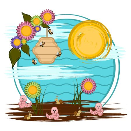 Cute insects in a cartoon landscape - Vectorのイラスト素材