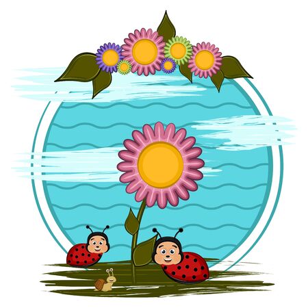 Cute insects in a cartoon landscape - Vectorのイラスト素材